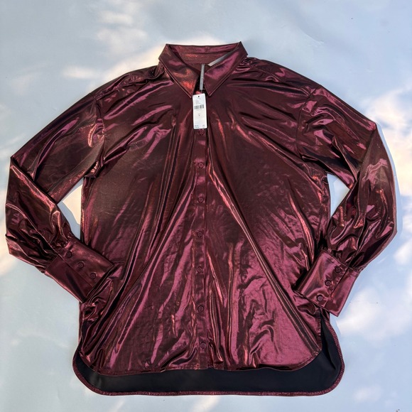 Anthropologie Tops - Anthropologie Metallic Burgundy Button Down Shirt Long Sleeve Shimmer Womens M